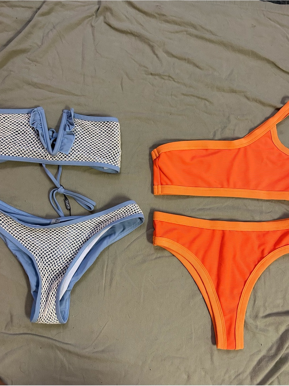 Zaful Light Blue Mesh Bikini & Bright Orange One-Shoulder Swim Set